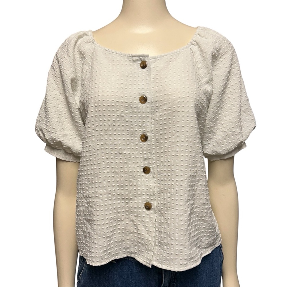 Colza Button Front Puff Sleeve Top‎ Shirt Womens Small Off White